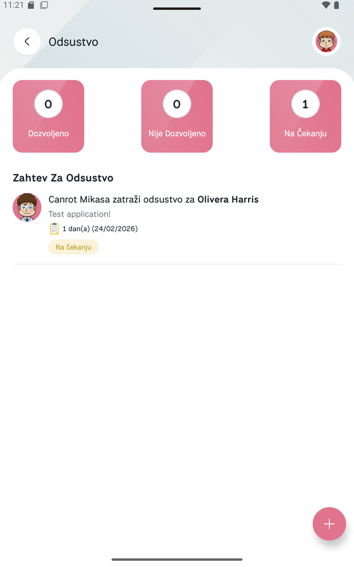 Universal Child app absence requests screen